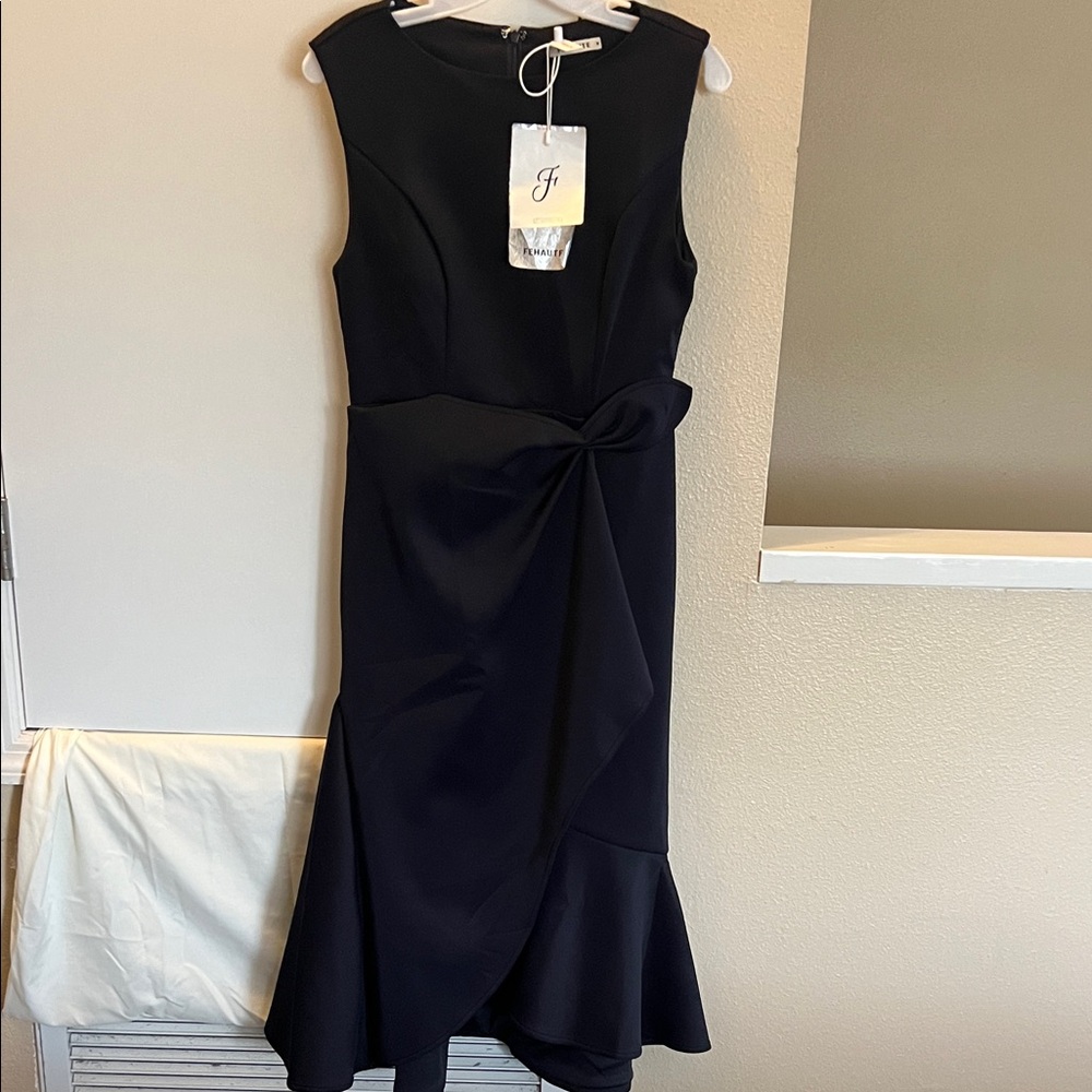Elegant Asymmetrical Black Dress with Waist Knot